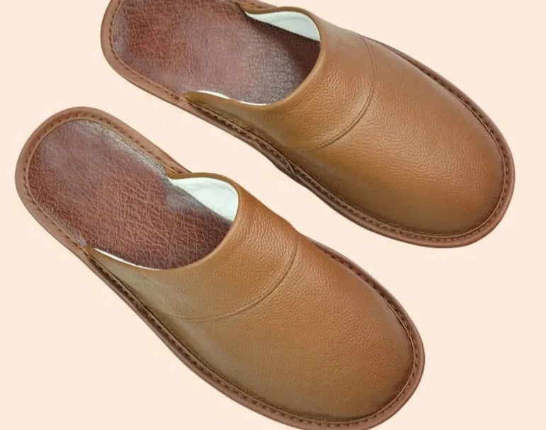 Men's brown leather slip-on slippers with cushioned ergonomic footbed for lightweight home comfort