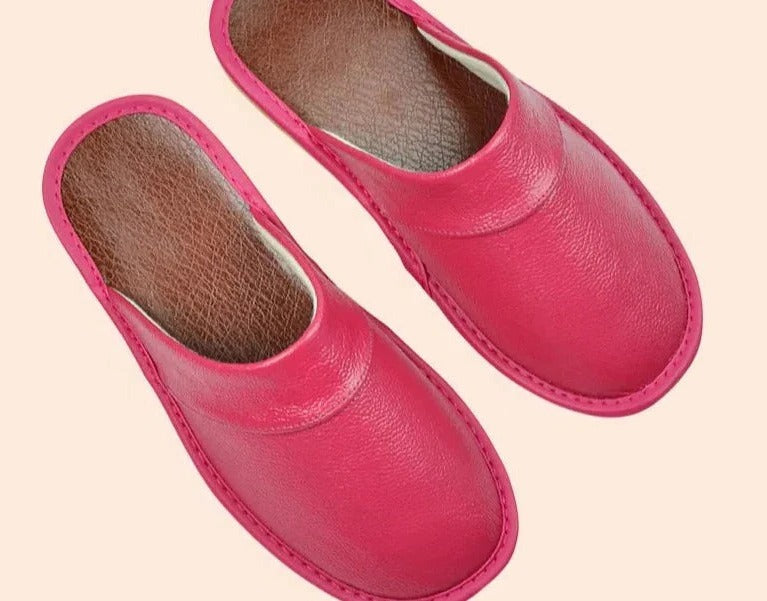 Men's brown leather slip-on slippers with cushioned ergonomic footbed for lightweight home comfort