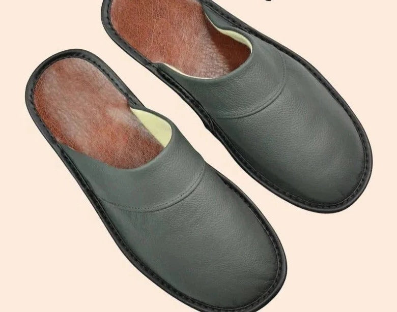 Men's brown leather slip-on slippers cushioned ergonomic footbed lightweight casual home comfort