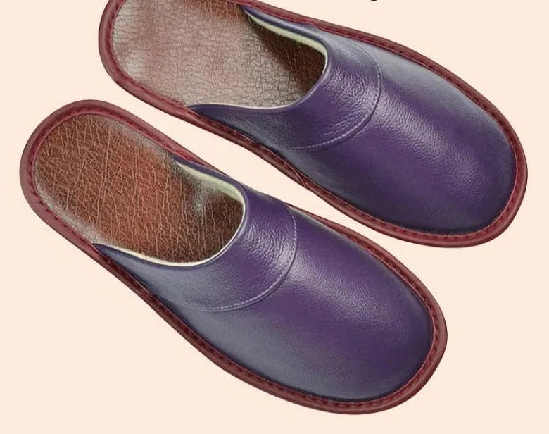 Men's brown leather slip-on slippers with cushioned ergonomic footbed for lightweight home comfort