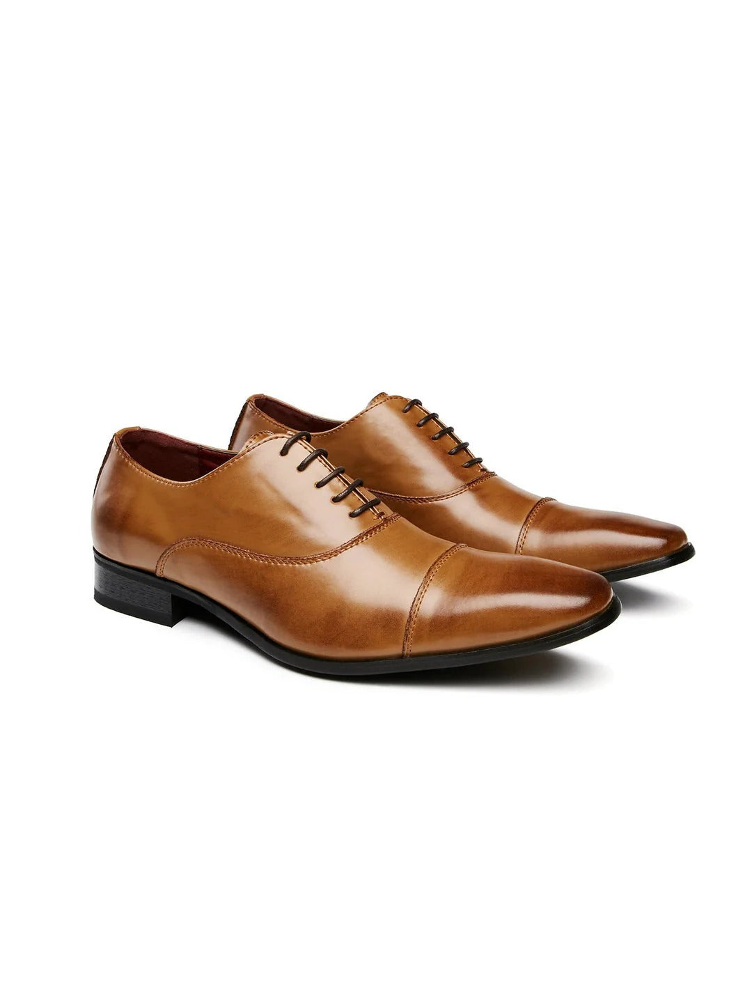 Men's black polished leather lace-up dress shoes with high-gloss finish for formal office wear