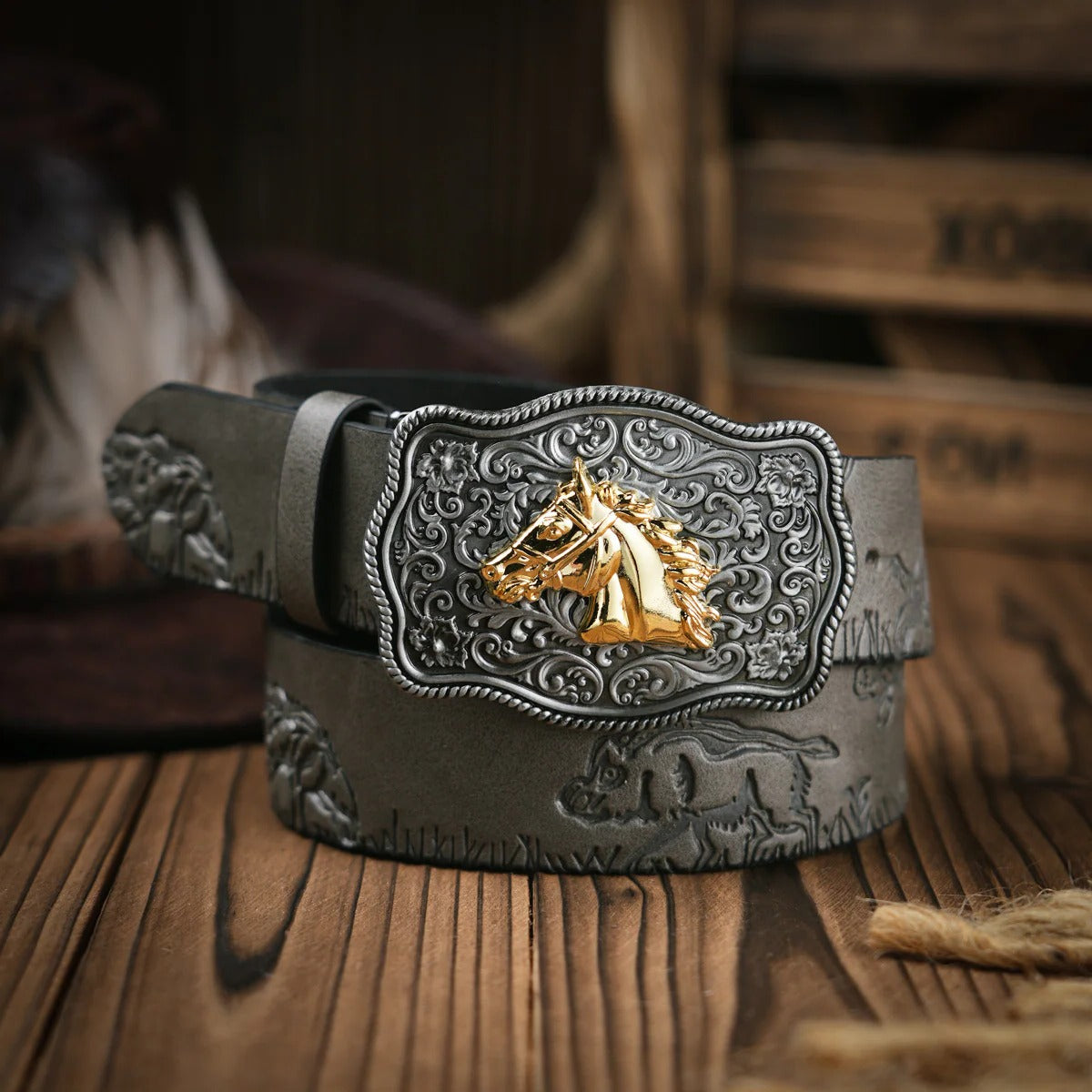 Men's hand-tooled brown leather western belt with ornate brass buckle for casual and formal wear