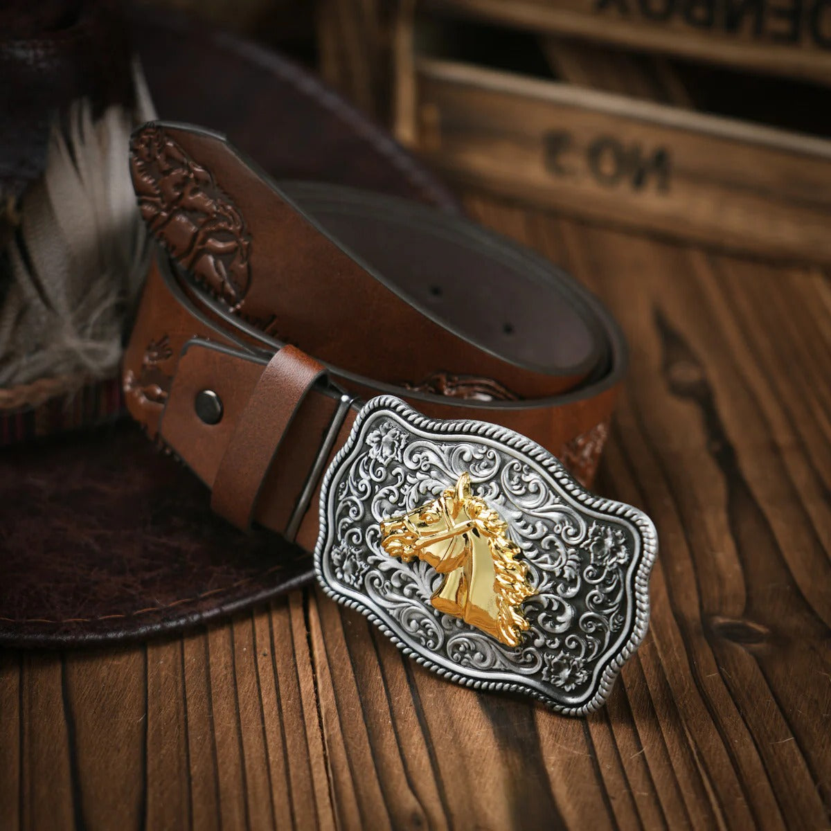 Men's hand-tooled brown leather western belt with ornate brass buckle for casual and formal wear