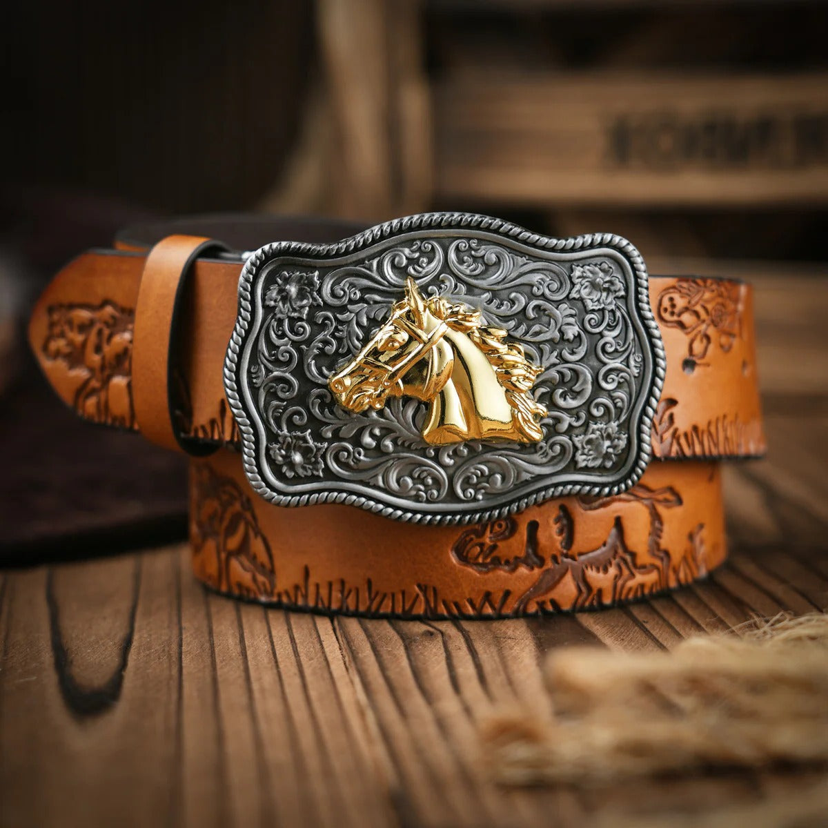 Men's hand-tooled brown leather western belt with ornate brass buckle for casual and formal wear