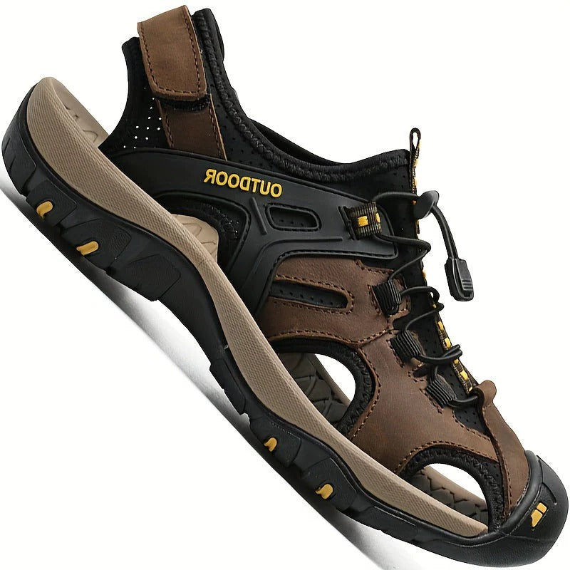 Men's rugged closed-toe hiking sandals with adjustable straps and all-terrain traction grip