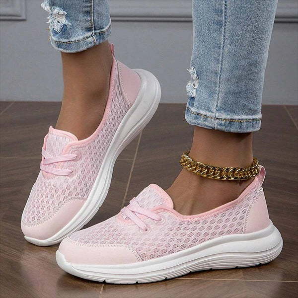 Women's gray mesh orthopedic sneakers with triple arch support, lightweight breathable casual everyday shoes