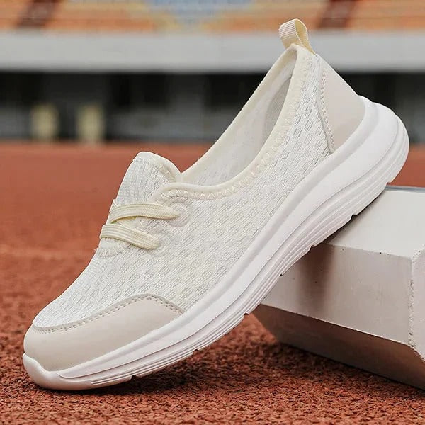 Women's gray mesh orthopedic sneakers with three-arch support system, lightweight casual everyday fit