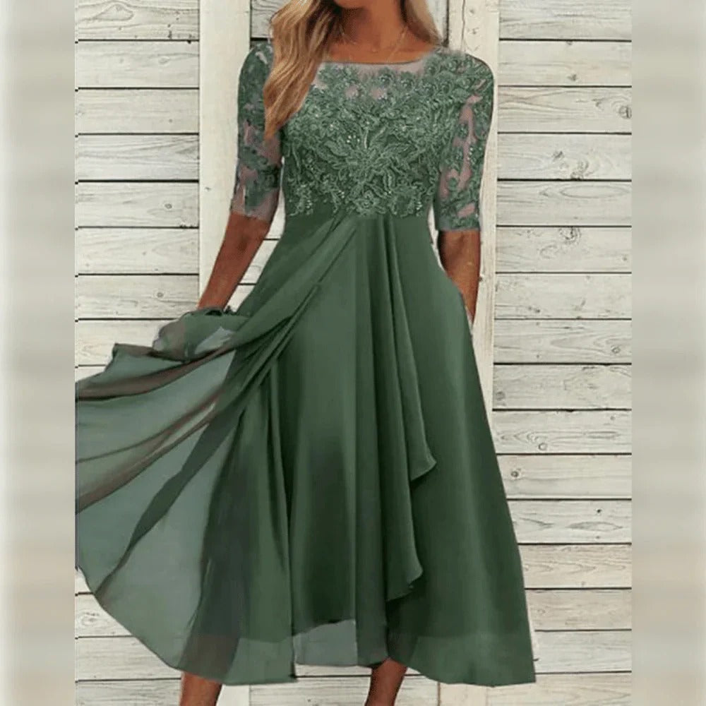 Women's elegant lace bodice dress with flowing chiffon skirt, timeless silhouette for special occasions