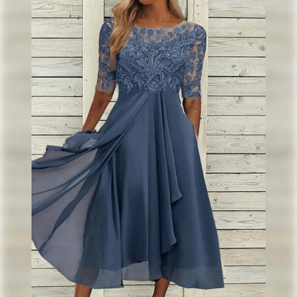 Women's elegant lace bodice dress with flowing chiffon skirt, timeless silhouette for special occasions