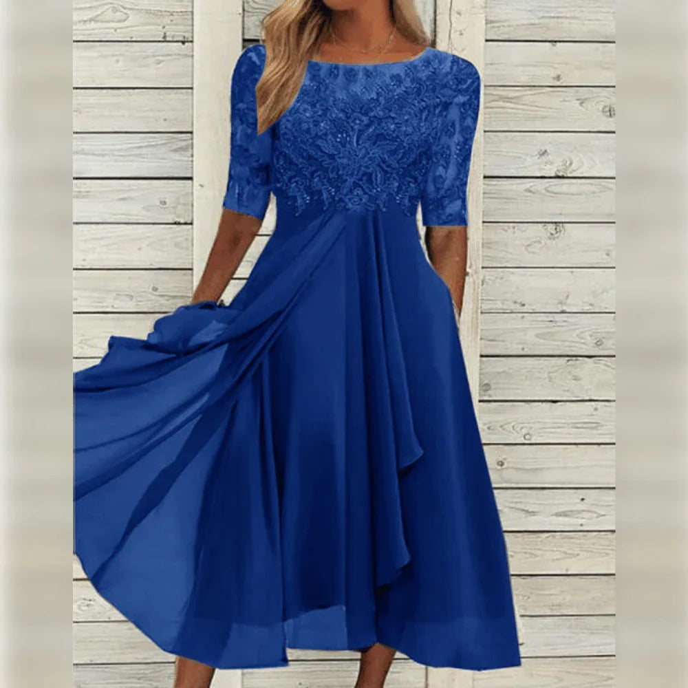 Women's elegant lace bodice dress with flowing chiffon skirt, timeless special occasion style