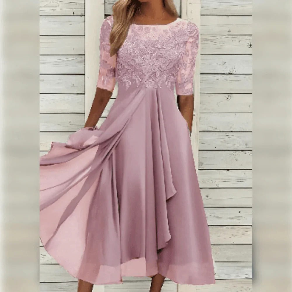 Women's elegant lace bodice dress with flowing chiffon skirt, timeless special occasion style