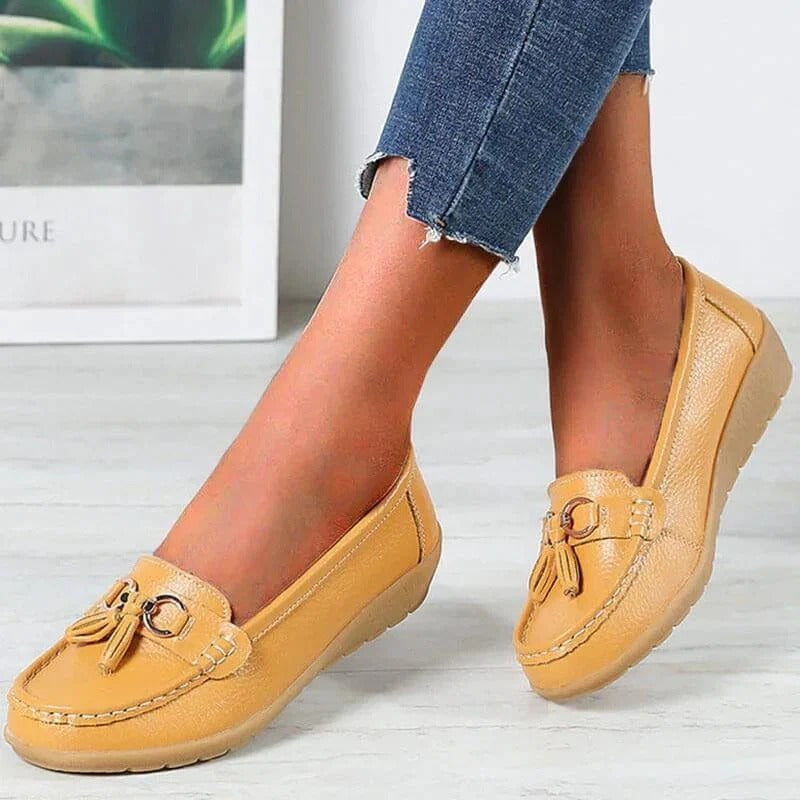 Women's brown premium leather orthopedic loafers with ergonomic insole and cushioned professional style