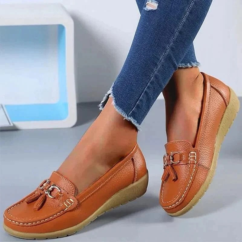 Women's brown premium leather orthopedic loafers with ergonomic insole support for all-day comfort
