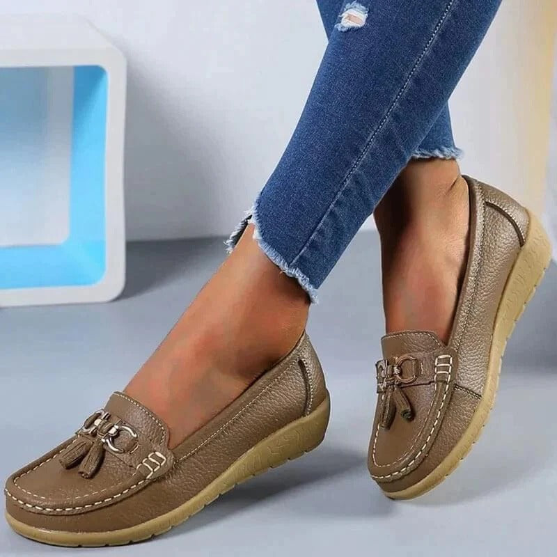 Women's tan premium leather orthopedic loafers with ergonomic insole and professional slip-on style