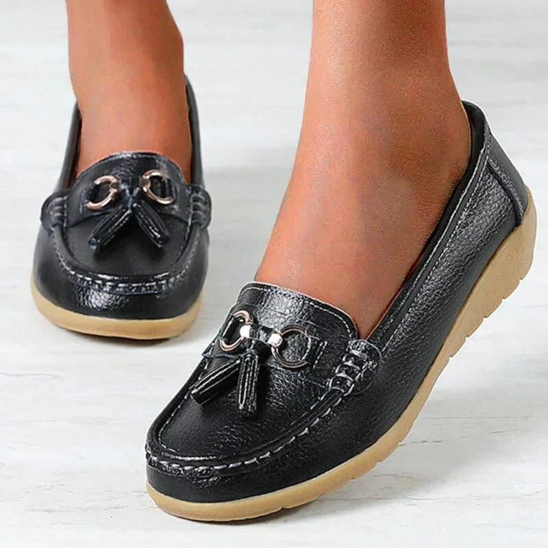 Women's brown premium leather orthopedic loafers with ergonomic insole and professional slip-on style