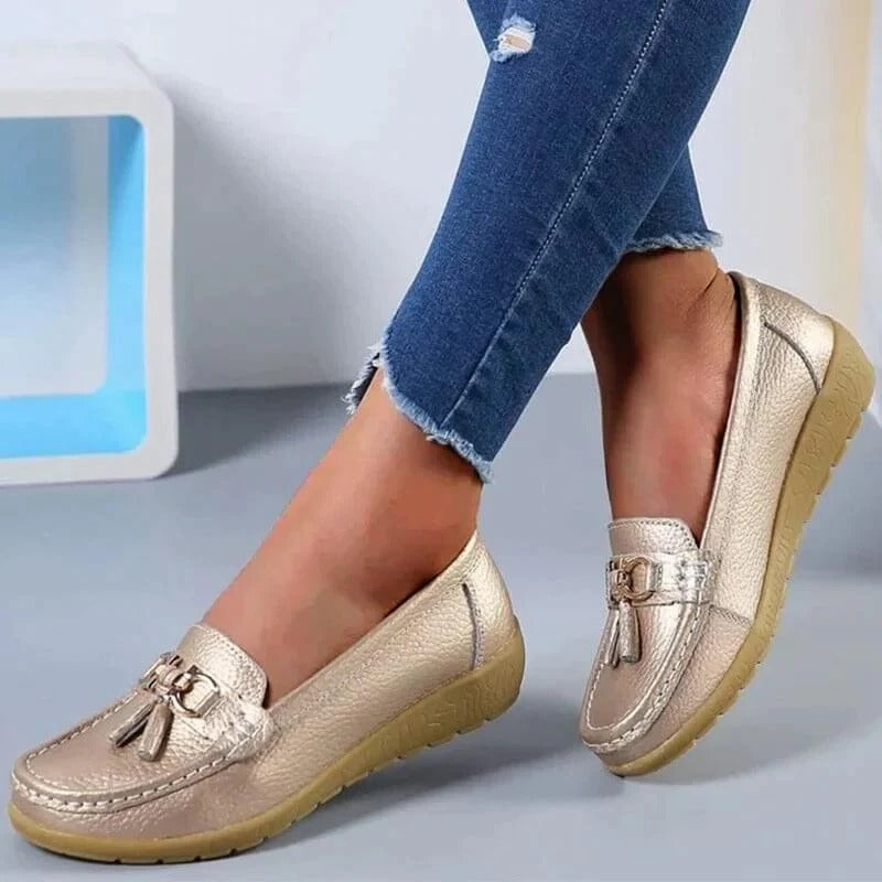 Women's brown premium leather orthopedic loafers with ergonomic insole and professional slip-on style