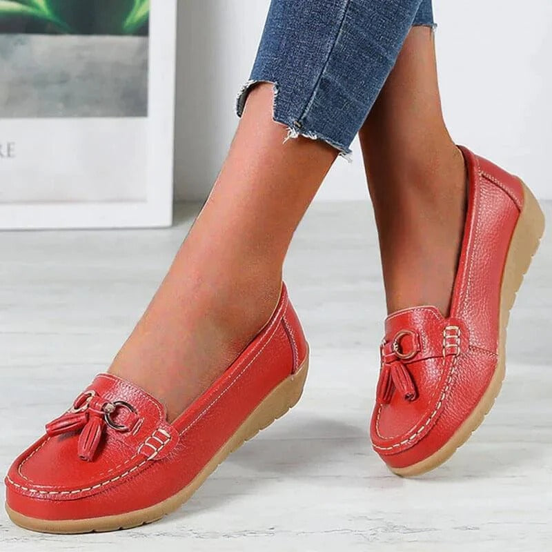Women's brown premium leather orthopedic loafers with ergonomic insole and professional slip-on style