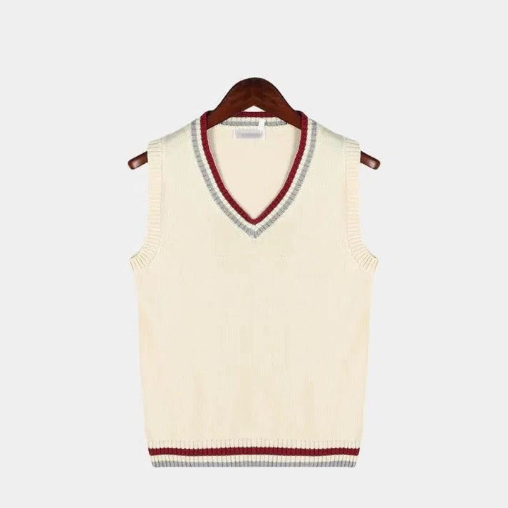 Preppy V-neck sweater vest regular fit with ribbed hem, versatile casual layering essential
