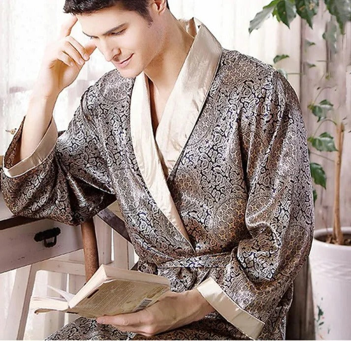 Men's patterned kimono robe lightweight relaxed fit lounge wear breathable cozy home style