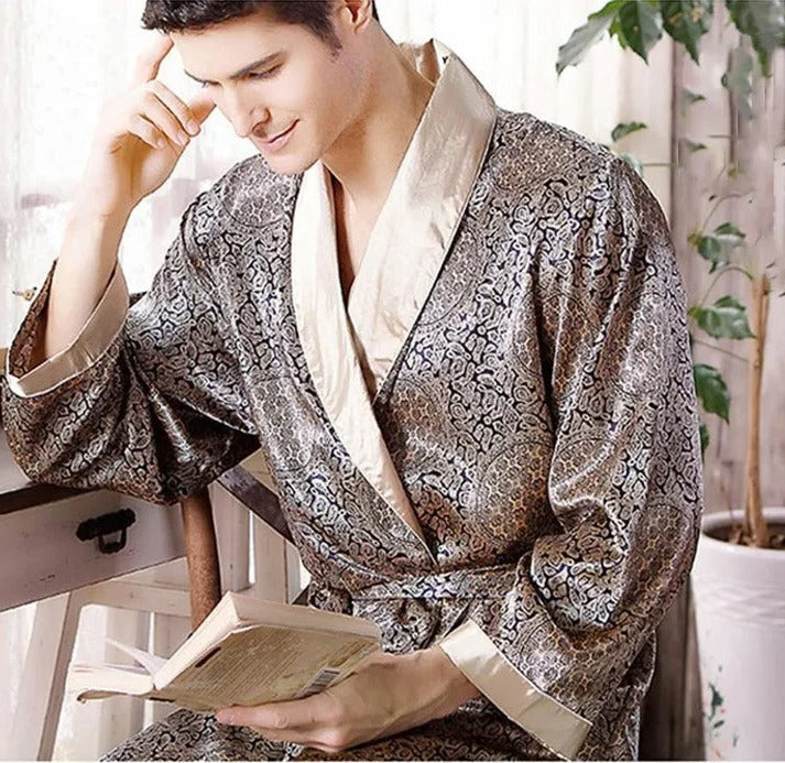 Men's patterned kimono robe lightweight relaxed fit lounge wear breathable cozy home style