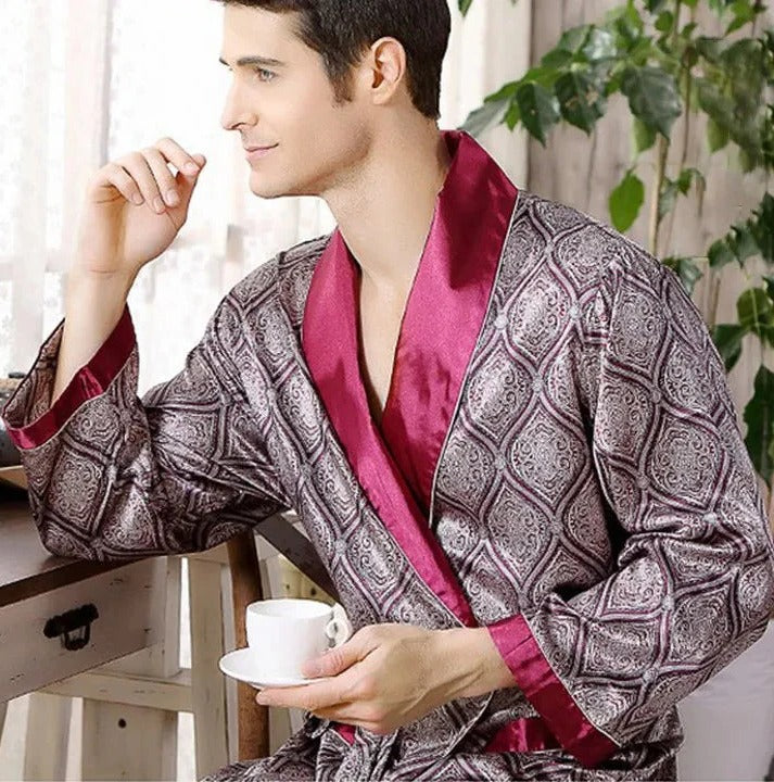 Men's patterned kimono robe lightweight relaxed fit lounge wear breathable cozy home casual style