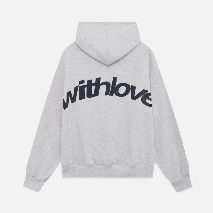 Oversized unisex hoodie in neutral tone, relaxed lounge fit with adjustable drawcord hood