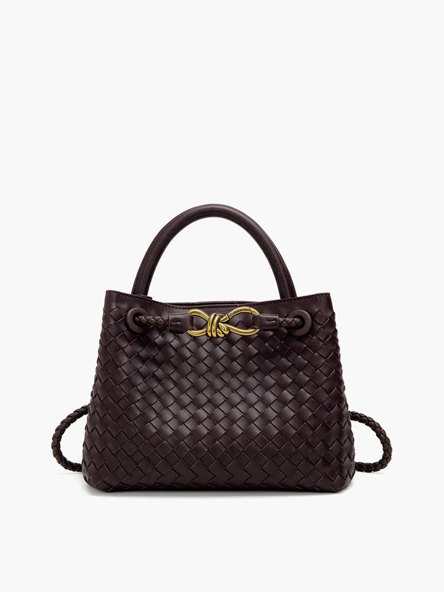 Black structured woven tote bag with gold knot accent and dual carry straps for work and school