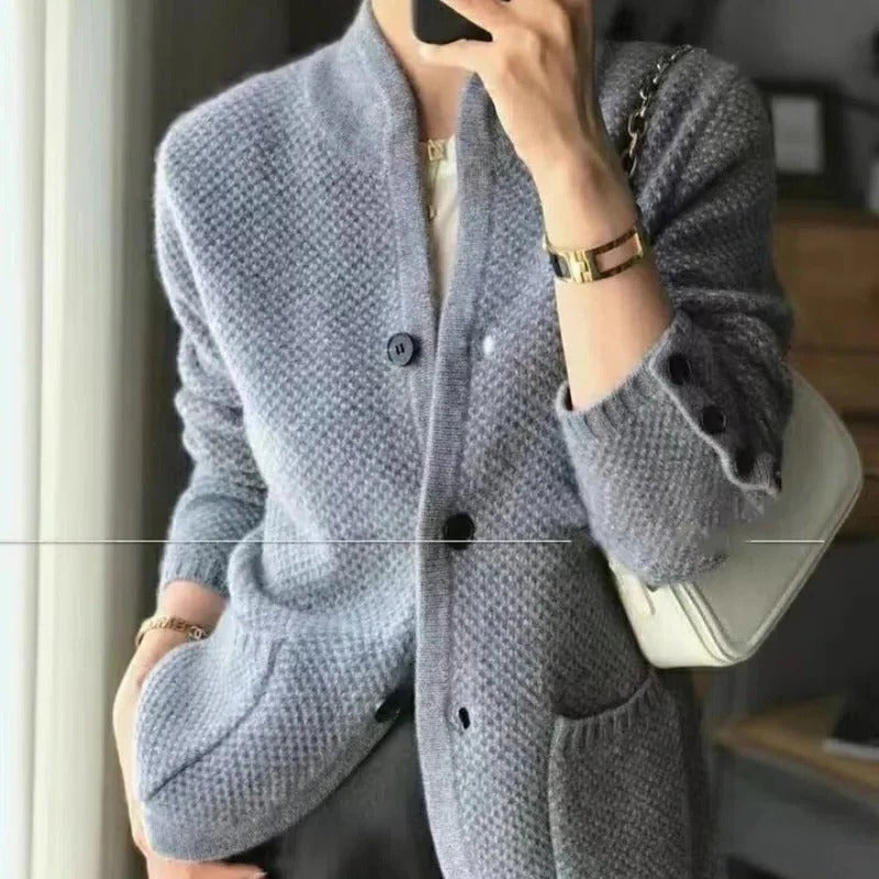 Women's cream classic-fit waist-length cardigan with front button closure for everyday layering