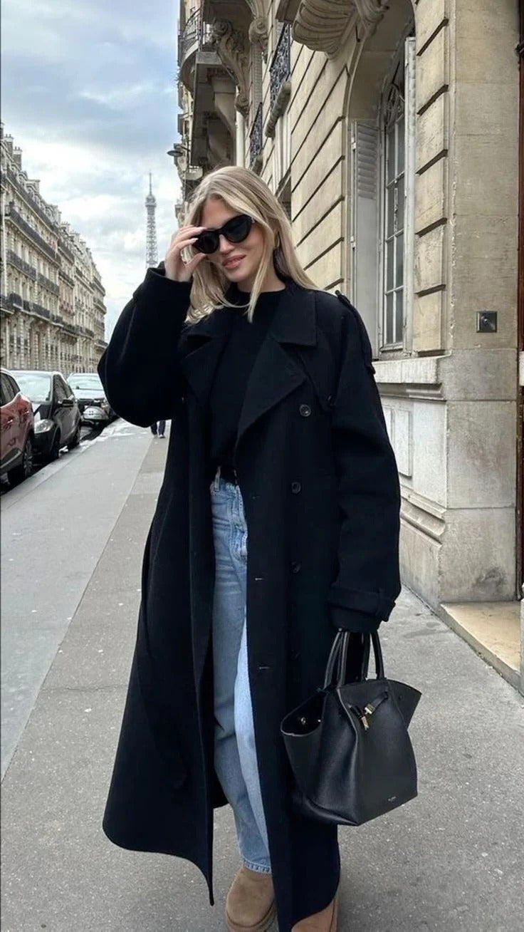 Beige double-breasted trench coat with adjustable waist belt, tailored fit for office and casual wear