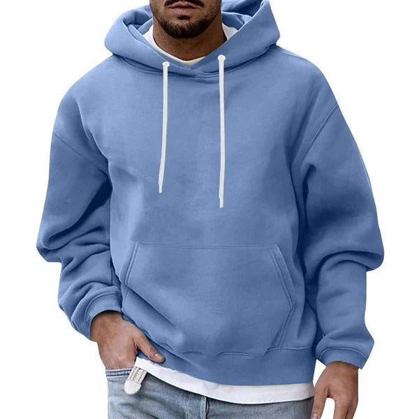 Men's relaxed fit hoodie with front pocket and drawstring hood, cozy casual streetwear staple