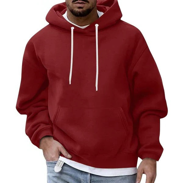 Men's relaxed fit hoodie with drawstring hood and front kangaroo pocket, cozy casual streetwear staple
