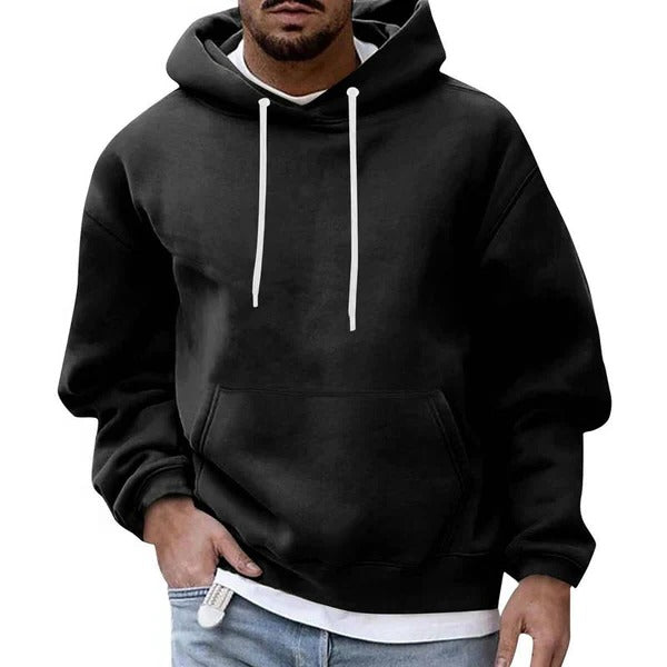 Men's relaxed fit hoodie with front pocket and drawstring hood, cozy casual streetwear staple