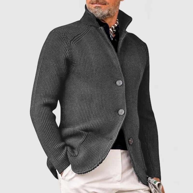 Men's knit button-up cardigan sweater in neutral tones, slim layering silhouette for casual and formal wear