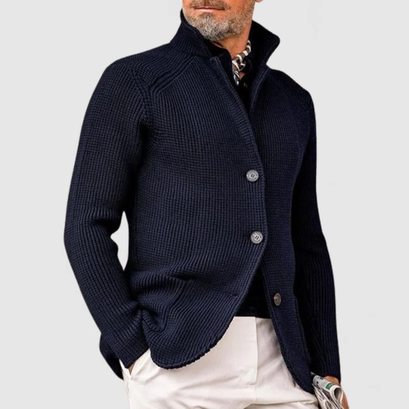 Men's knit button-up cardigan sweater in neutral tone, slim layering silhouette for casual and formal wear