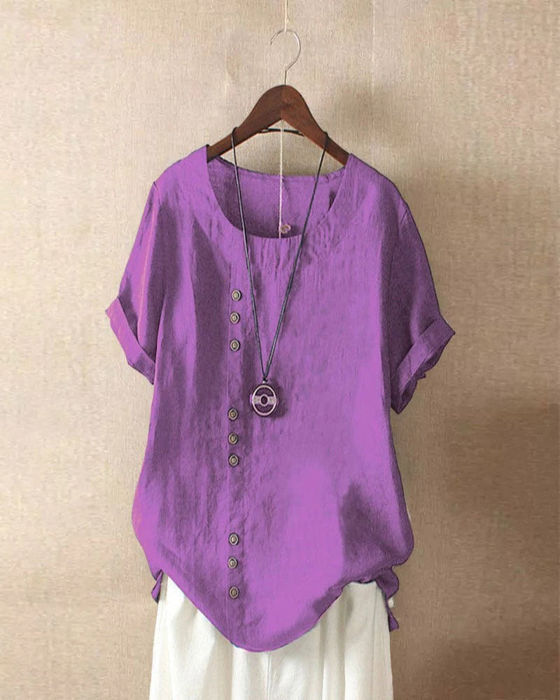 Women's short-sleeve button-down blouse round neckline lightweight breathable everyday casual top