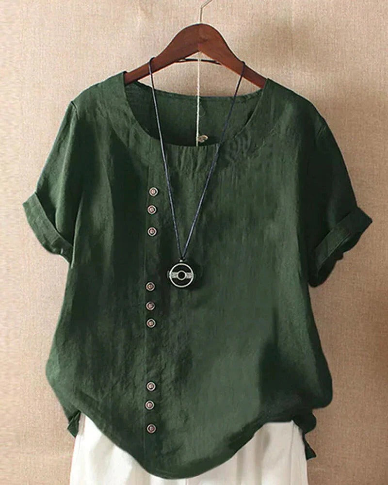 Women's short-sleeve button-front blouse with round neckline, casual everyday fit