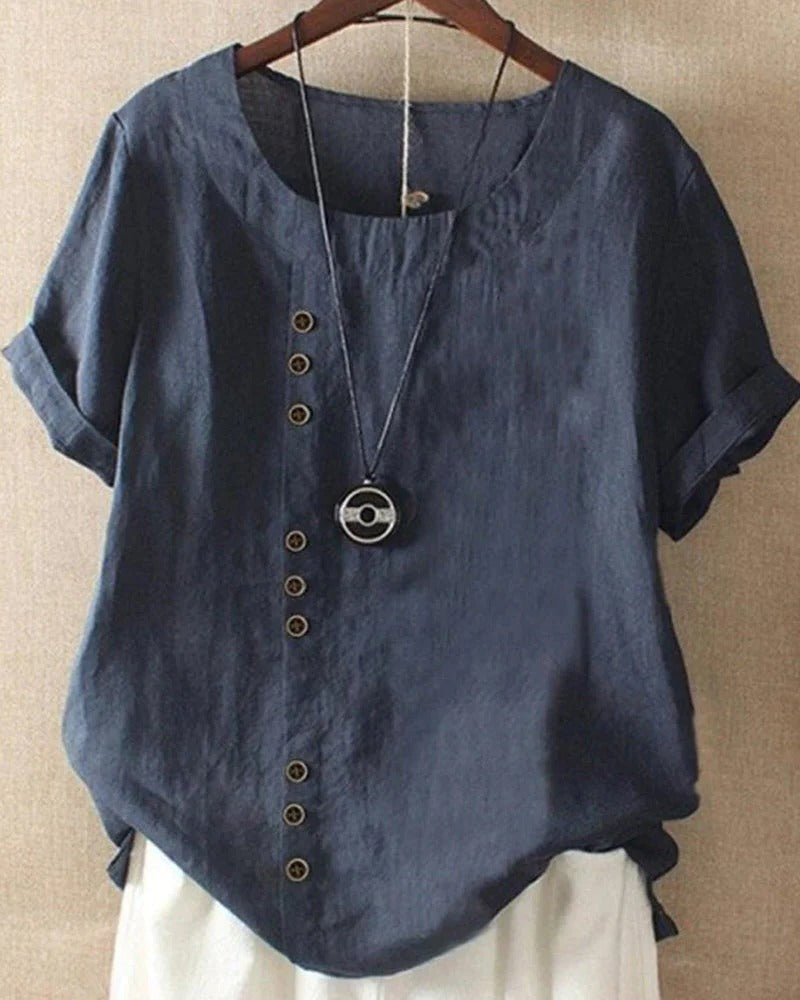 Women's short sleeve button-down blouse round neckline breathable casual everyday top