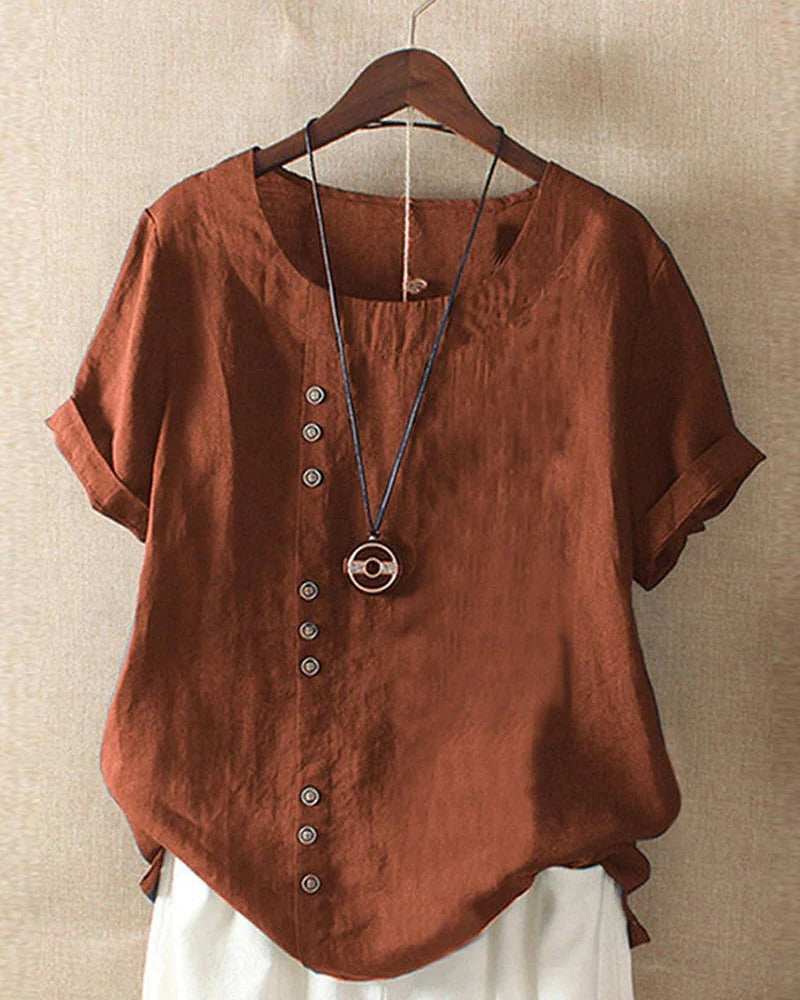 Women's short-sleeve button-front blouse round neckline breathable casual everyday top