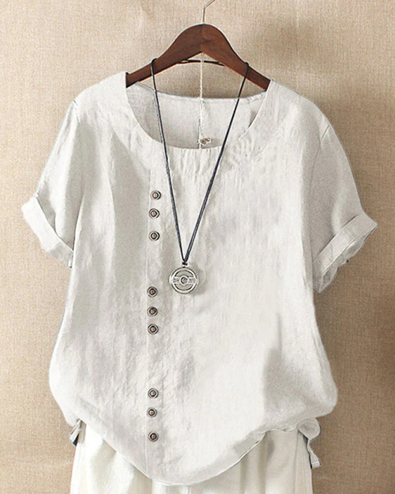 Women's short sleeve button-front blouse round neckline breathable casual everyday top