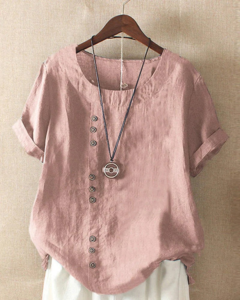 Women's short sleeve button-front blouse round neckline breathable lightweight casual everyday top