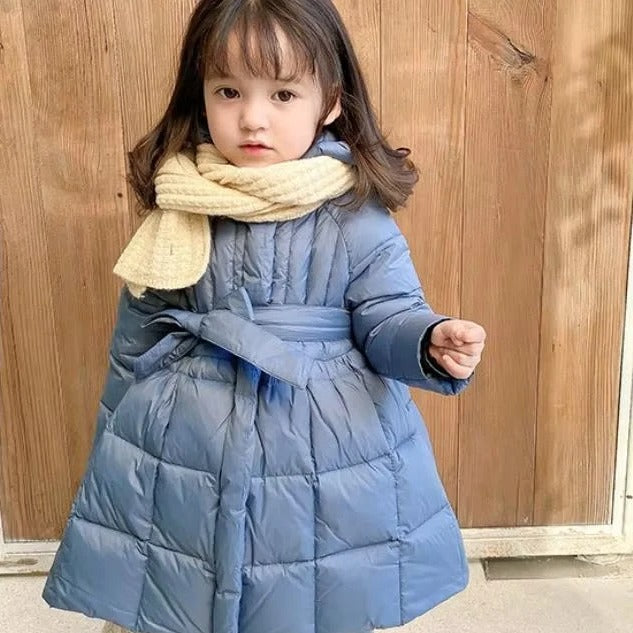 Pink toddler girls hooded puffer coat with belt princess waistline winter insulated style