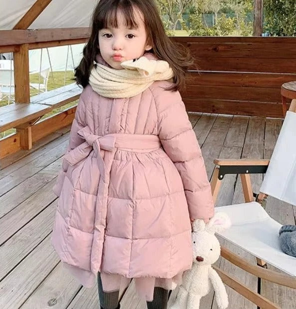 Pink toddler girls hooded puffer coat with belt princess waistline winter insulated style