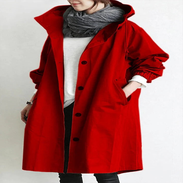 Women's water-resistant hooded overcoat, breathable weatherproof fabric, elegant slim silhouette