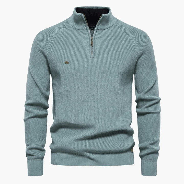 Men's navy knit sweater with quarter zip collar, regular fit, textured surface for work or casual wear