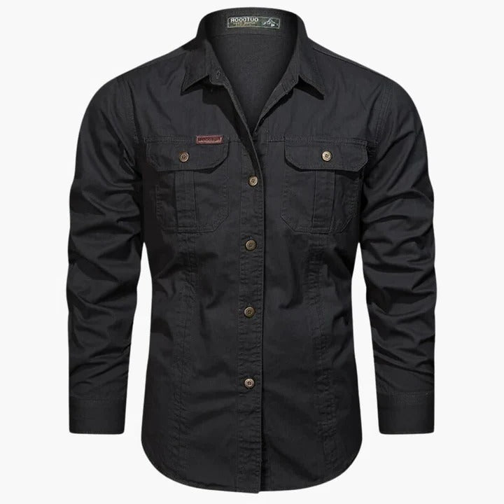 Men's khaki long sleeve cargo shirt relaxed fit with secure front chest pockets for everyday wear