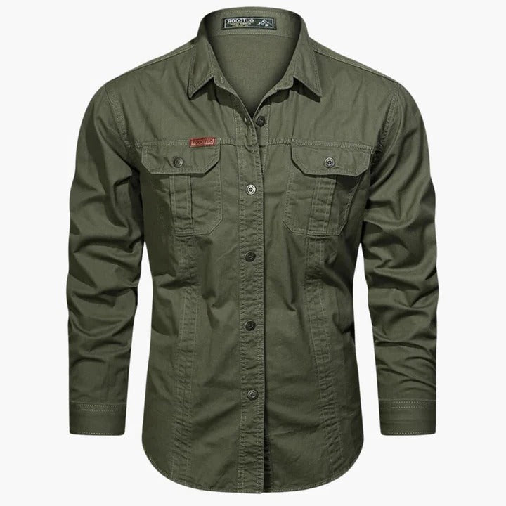 Men's khaki long sleeve cargo shirt relaxed fit with dual front chest pockets for everyday wear