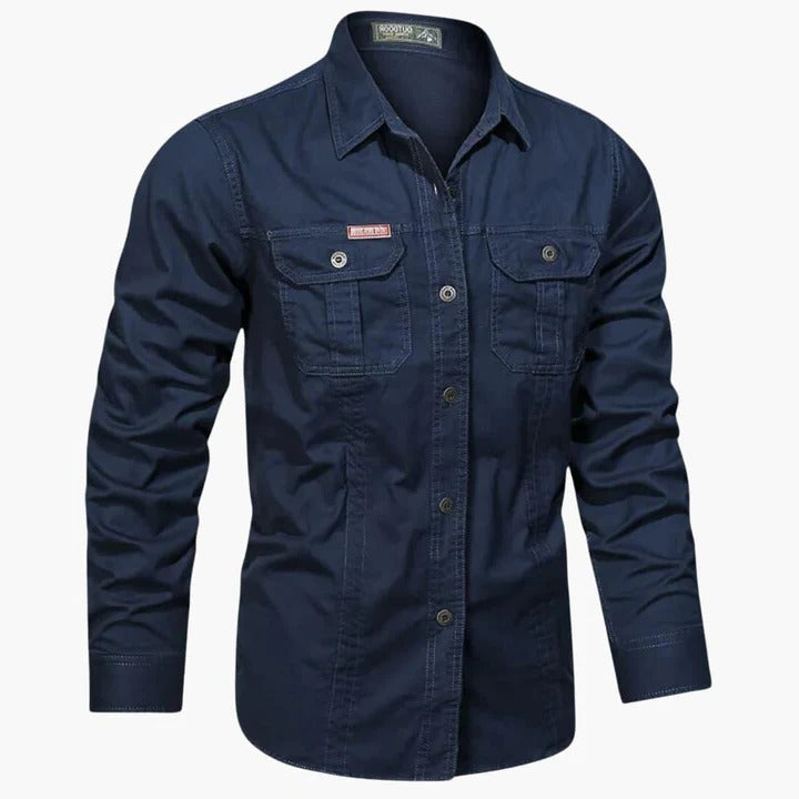 Men's khaki long sleeve cargo shirt relaxed fit with secure front chest pockets for everyday wear