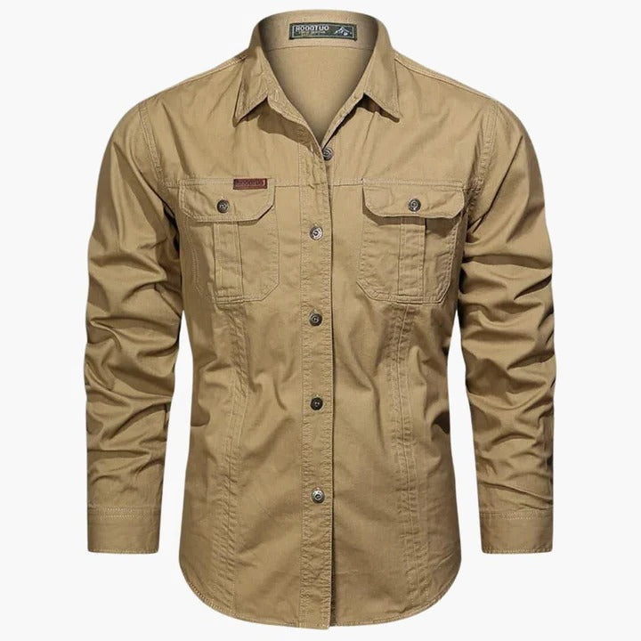 Men's khaki long sleeve cargo shirt relaxed fit with front chest pockets for everyday versatile wear