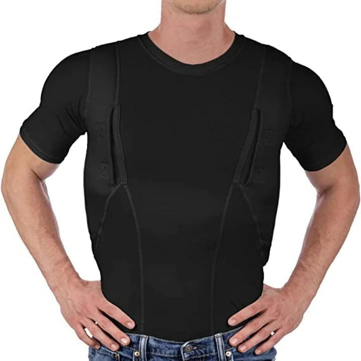 Black unisex concealed carry compression t-shirt with dual hidden ambidextrous holsters for discreet carry