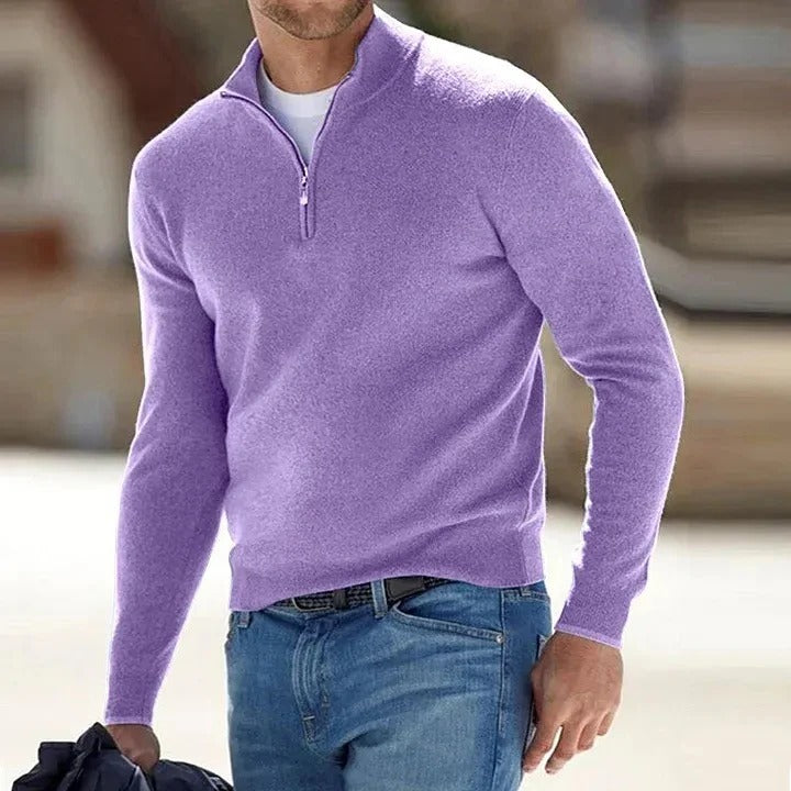 Men's cashmere zip-up sweater by Urbann Vibe, slim business casual fit with clean silhouette